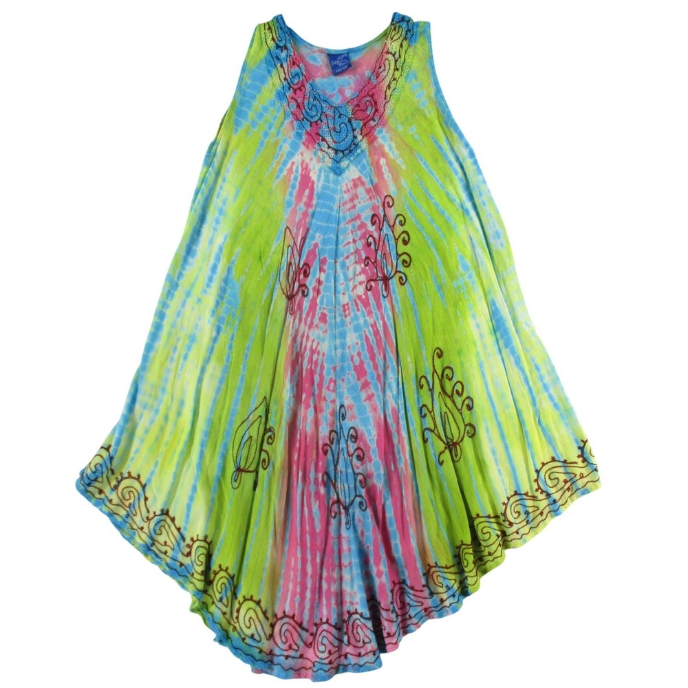 California Woman Tie Dye Embroidered Sleeveless Tunic Top Green Blue Pink OS